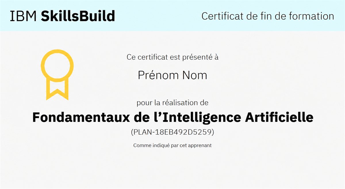 Exemple de certificat de fin de formation IBM SkillsBuild pour le parcours « Fondamentaux de l’Intelligence Artificielle » (PLAN-18EB492D5259)