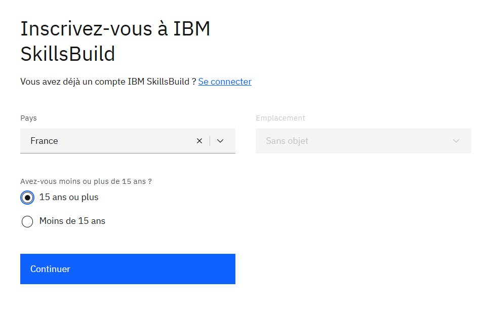 Capture d’écran IBM SkillsBuild : choix du pays et de la tranche d’âge (15 ans ou plus, moins de 15 ans) avant l’inscription