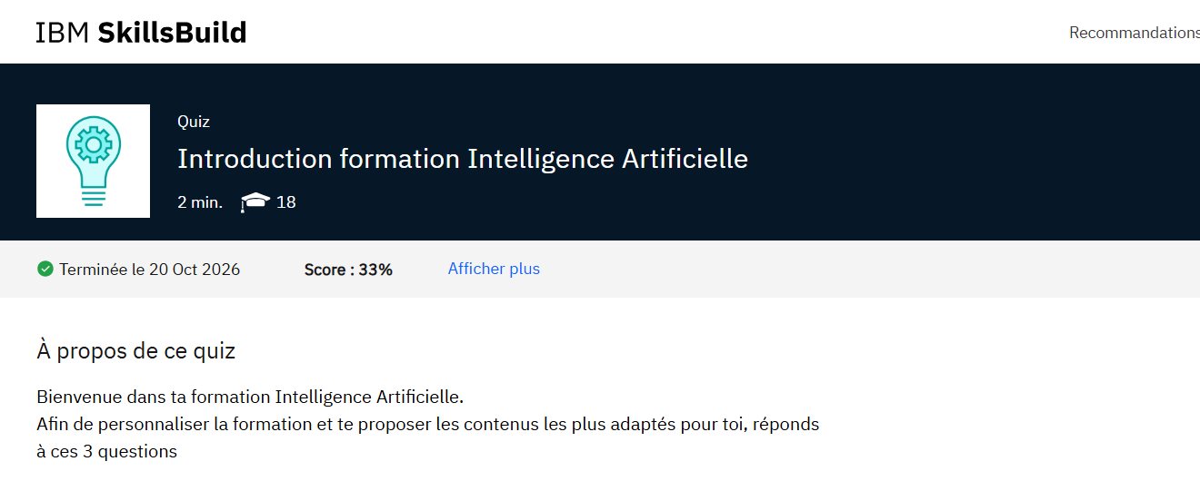 Capture d’écran IBM SkillsBuild : page du quiz « Introduction formation Intelligence Artificielle », durée 2 min